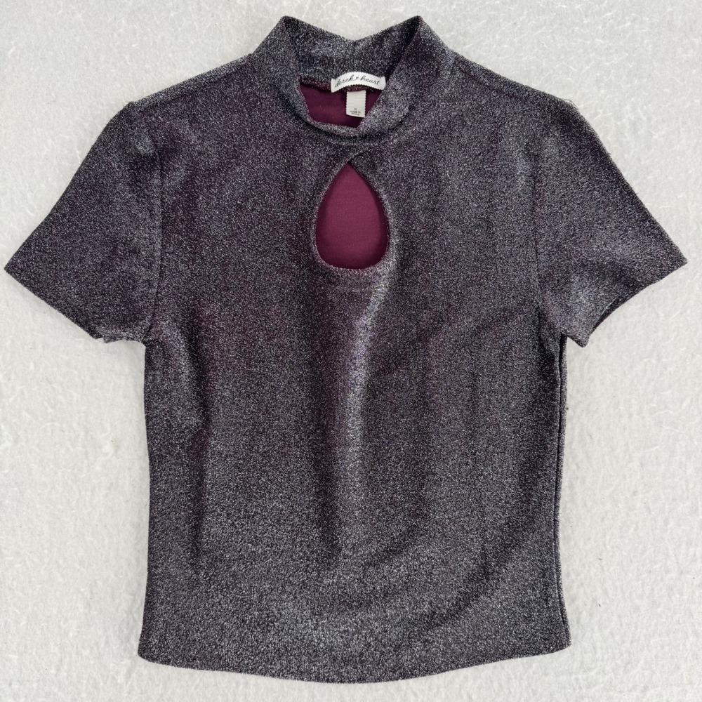 Derek Heart - Metallic Keyhole Mock Neck Top - Purple - M - Women